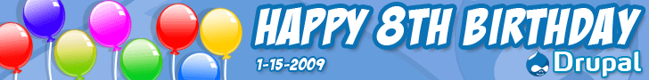 Banner with "Happy 8th Birthday", colorful balloons, date "1-15-2009", and Drupal logo on a blue background.