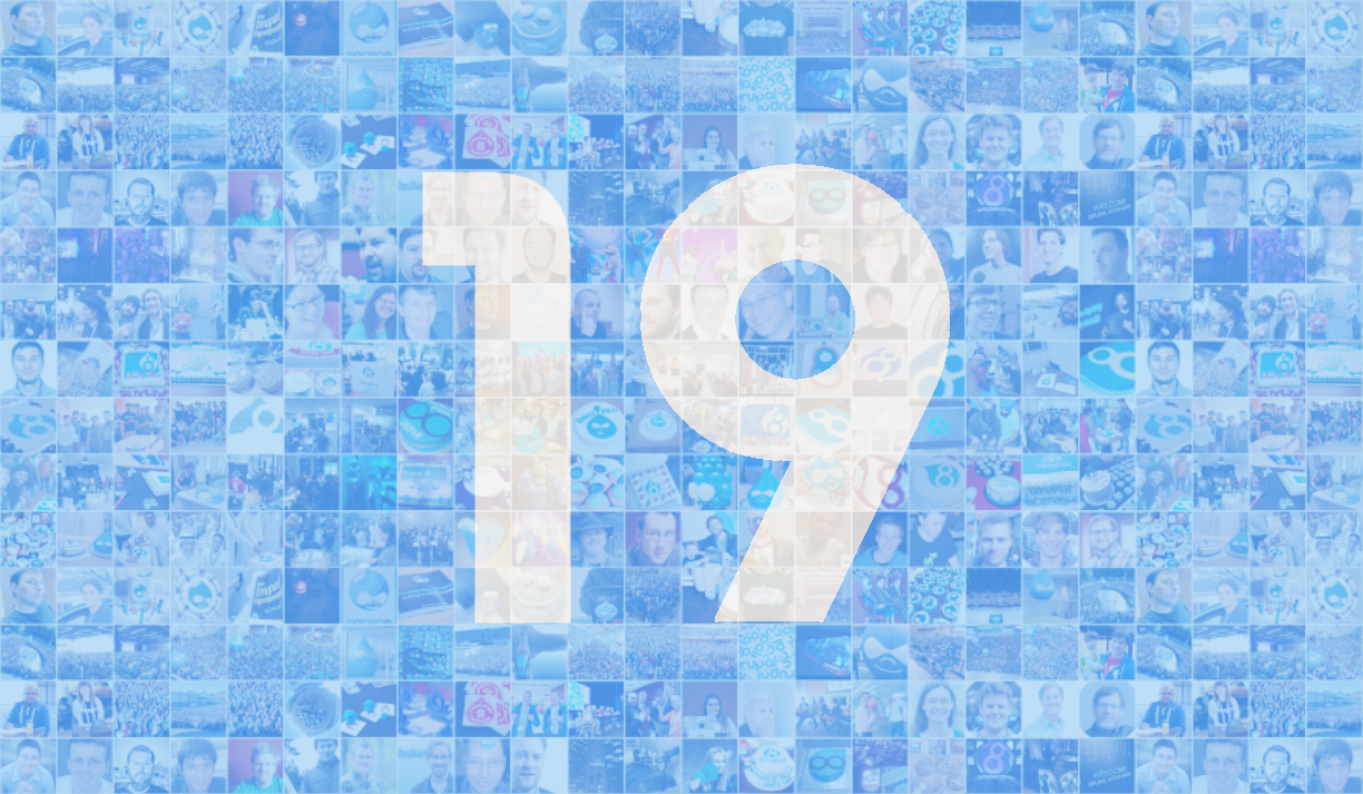 Large white "19" over a blue mosaic of small photos, celebrating Drupal's nineteenth birthday.