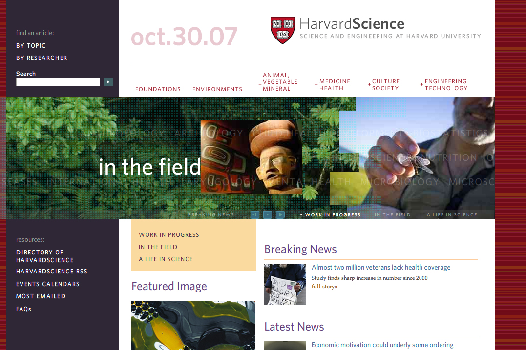 A Harvard Science and Engineering webpage featuring research topics, breaking news, and an image of a scientist holding a specimen.