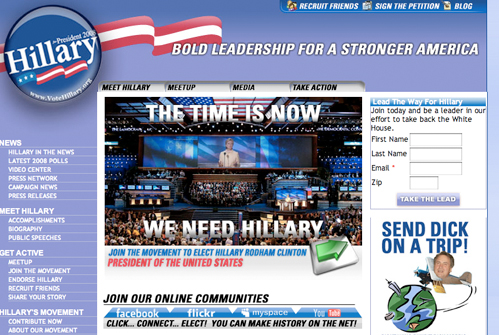 A screenshot of Hillary Clinton's campaign website featuring a call to action and election messaging.