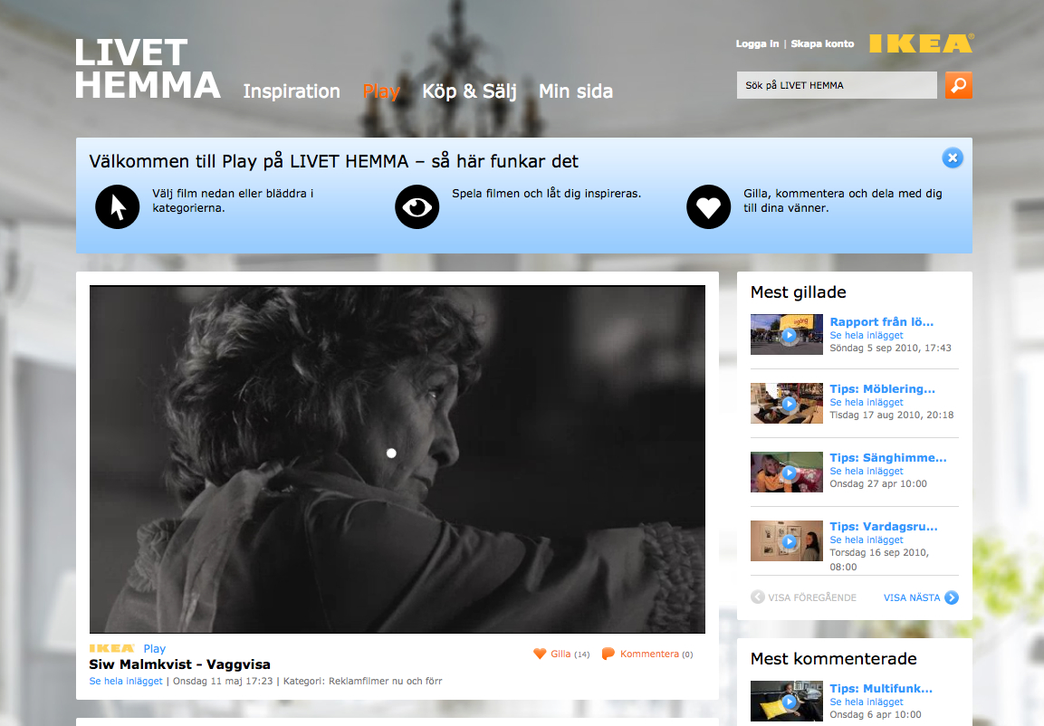 A webpage from IKEA's "Livet Hemma" features a black-and-white video thumbnail of a woman with curly hair.