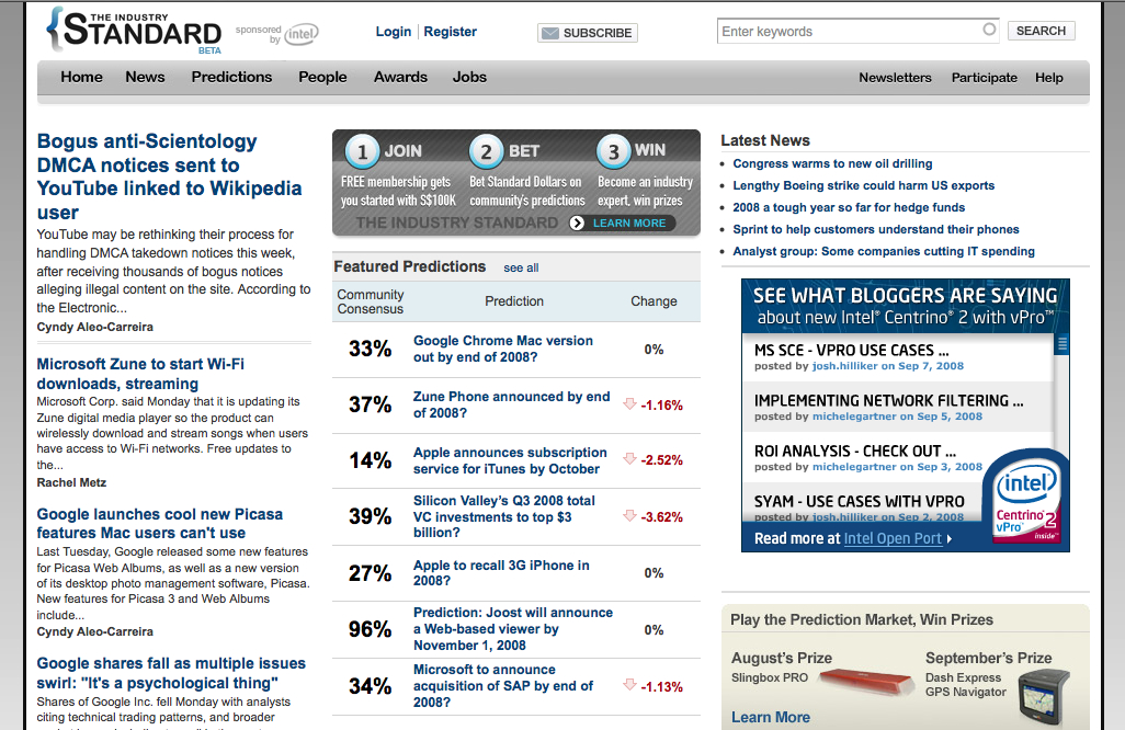 A news website homepage features technology and business headlines, industry predictions, and Intel product advertisements.