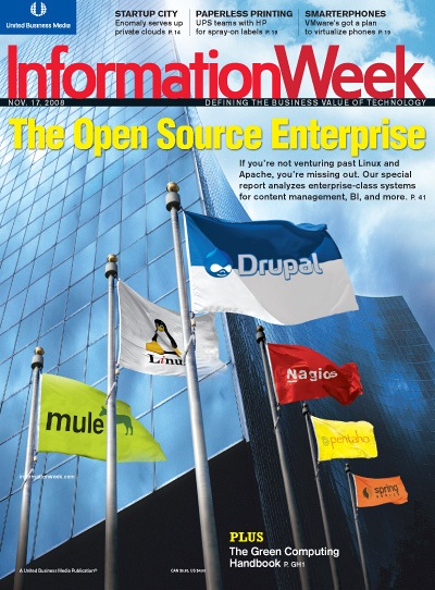 Magazine cover of *InformationWeek* featuring flags of open-source technologies like Drupal, Linux, and Nagios against a glass building.