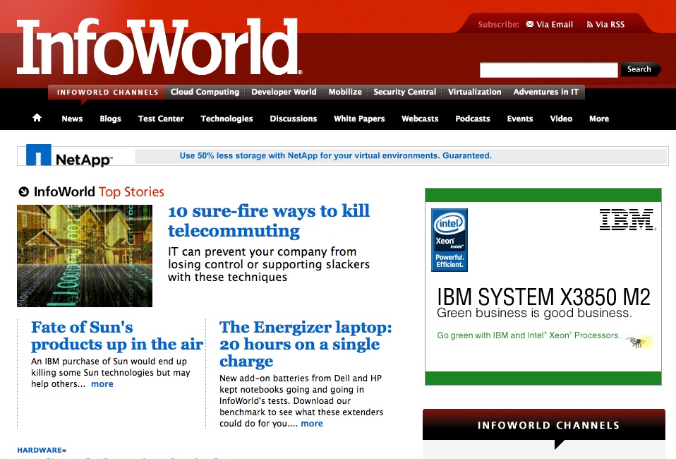Screenshot of the InfoWorld homepage showing technology news, featured articles, and an IBM advertisement promoting a server system.