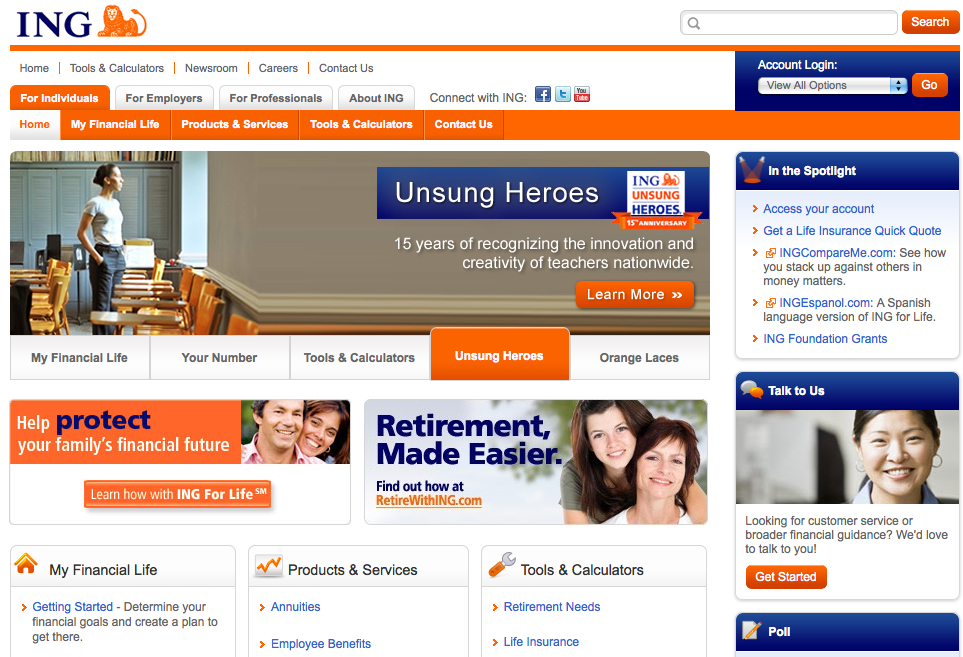 A financial services website featuring an "Unsung Heroes" program recognizing teachers, retirement planning, and customer support options.