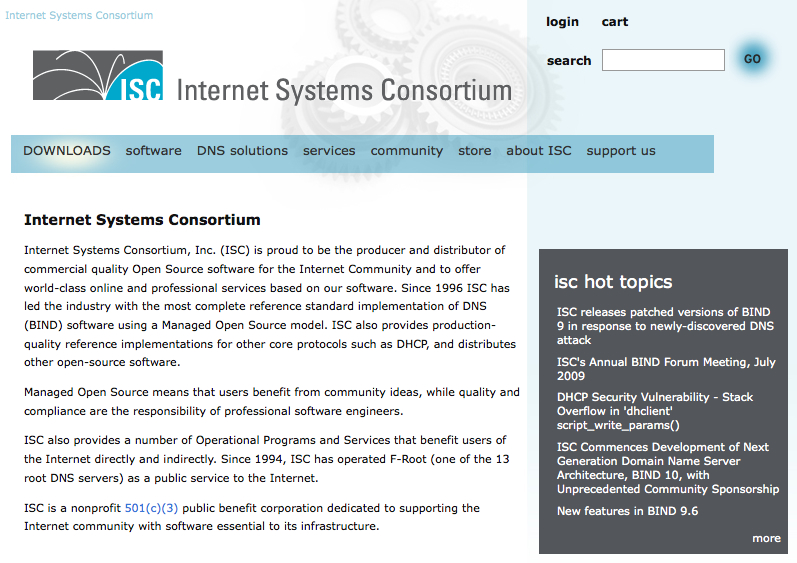 Screenshot of the Internet Systems Consortium website, showing navigation links, a description of ISC, and a list of hot topics.