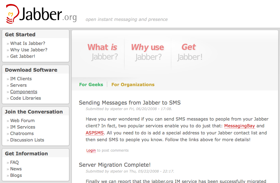 A webpage about Jabber instant messaging, featuring guides, software downloads, and an article on sending SMS from Jabber.