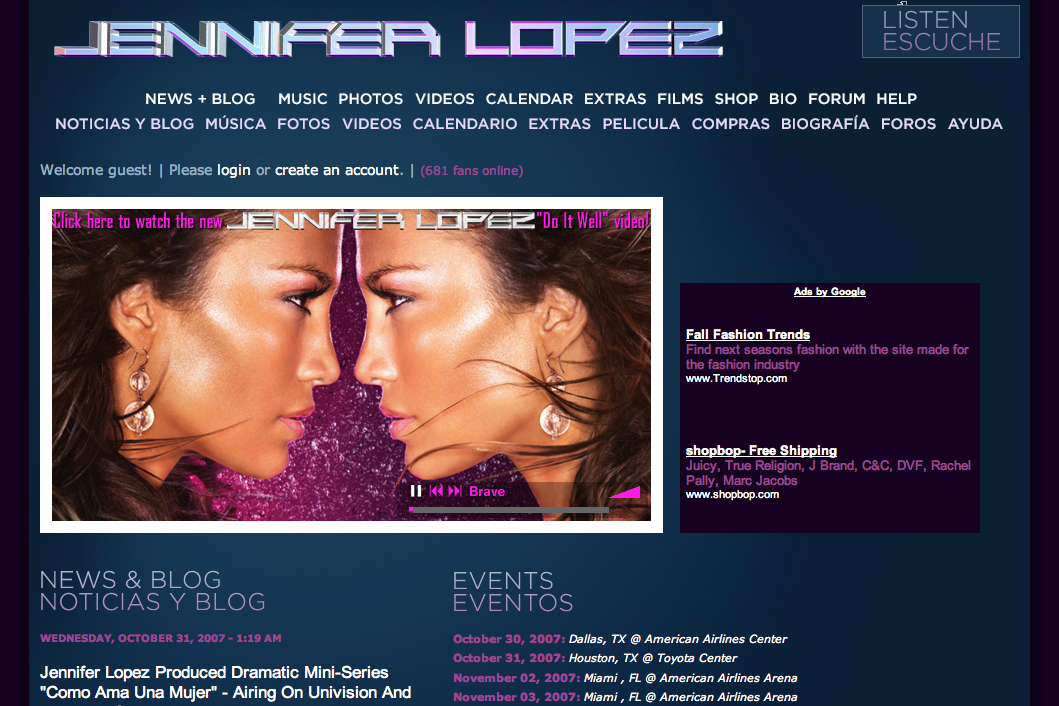 A website featuring Jennifer Lopez with a promotional banner for her music video and sections for news, events, and shopping.