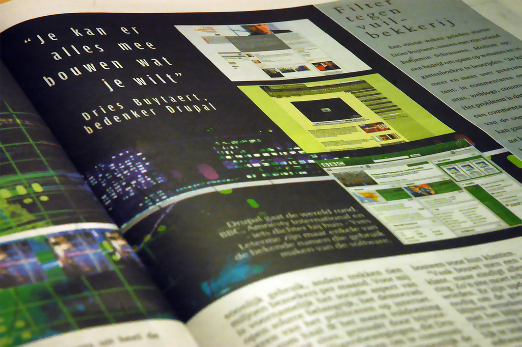 A magazine page featuring an interview about Drupal, with a quote from Dries Buytaert and screenshots of websites.