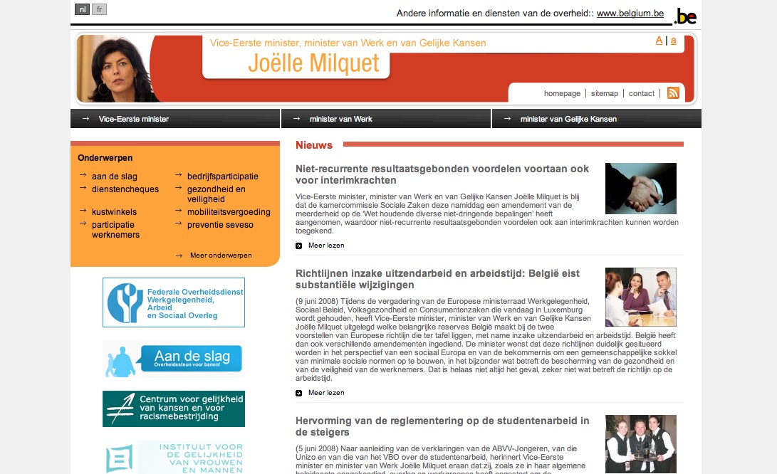 A government webpage featuring Joëlle Milquet, Vice Prime Minister and Minister of Employment and Equal Opportunities, with news updates.