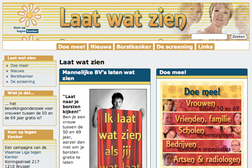 A cancer awareness campaign webpage encouraging breast cancer screening with a slogan and a person holding a supportive sign.