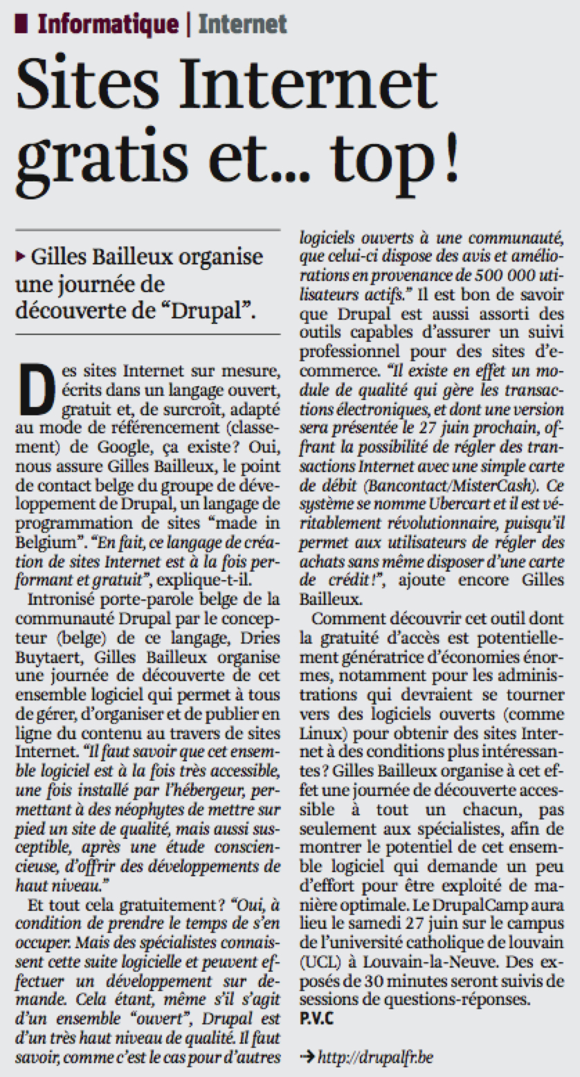 Newspaper article about Drupal, highlighting its free and open-source nature, with Gilles Bailleux organizing a discovery event.
