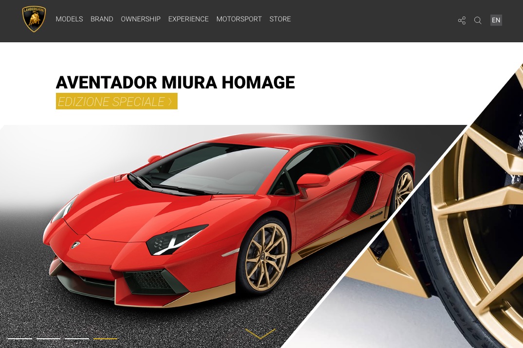 Lamborghini website featuring the Aventador Miura Homage, built using Drupal for design and functionality.