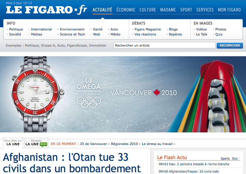 Screenshot of Le Figaro news website featuring a Vancouver 2010 Olympics advertisement and a headline about NATO airstrikes in Afghanistan.