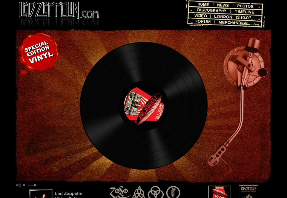 A spinning Led Zeppelin vinyl record on a turntable with a nearby tonearm and a "Special Edition Vinyl" badge.