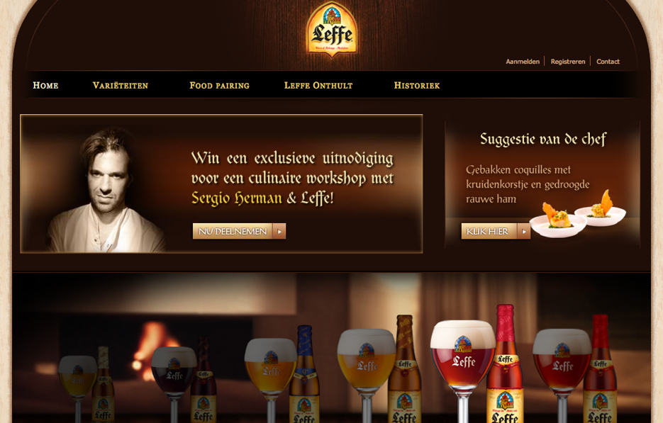 A promotional webpage for Leffe beer featuring a culinary workshop invitation and food pairing suggestions with beer bottles and glasses.