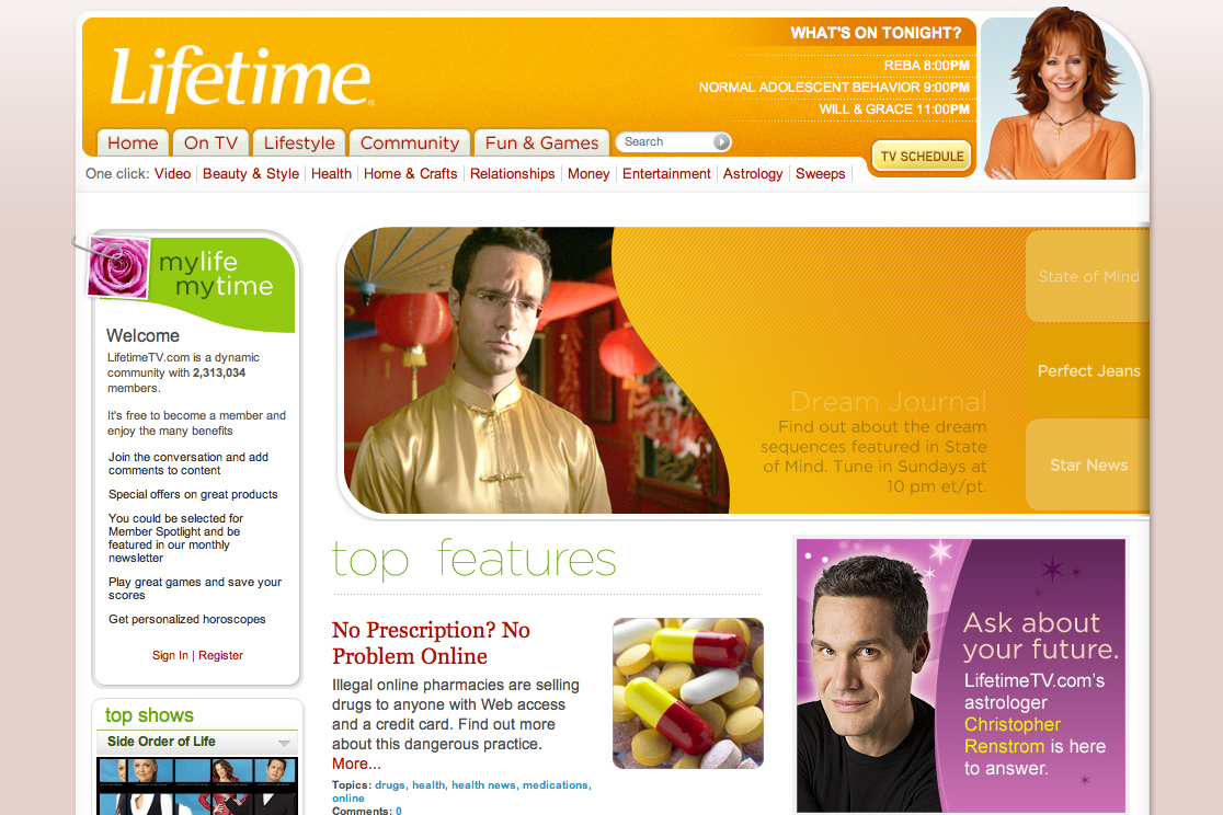 A webpage from Lifetime TV features articles, a dream journal, and an astrologer offering answers about the future.