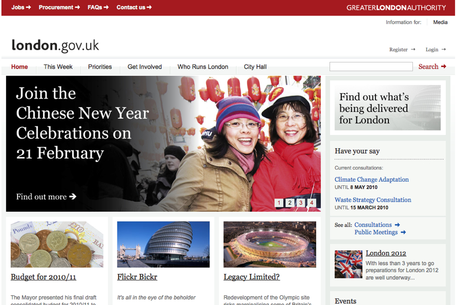 London government website promoting Chinese New Year celebrations with an image of two smiling people in front of red lanterns.