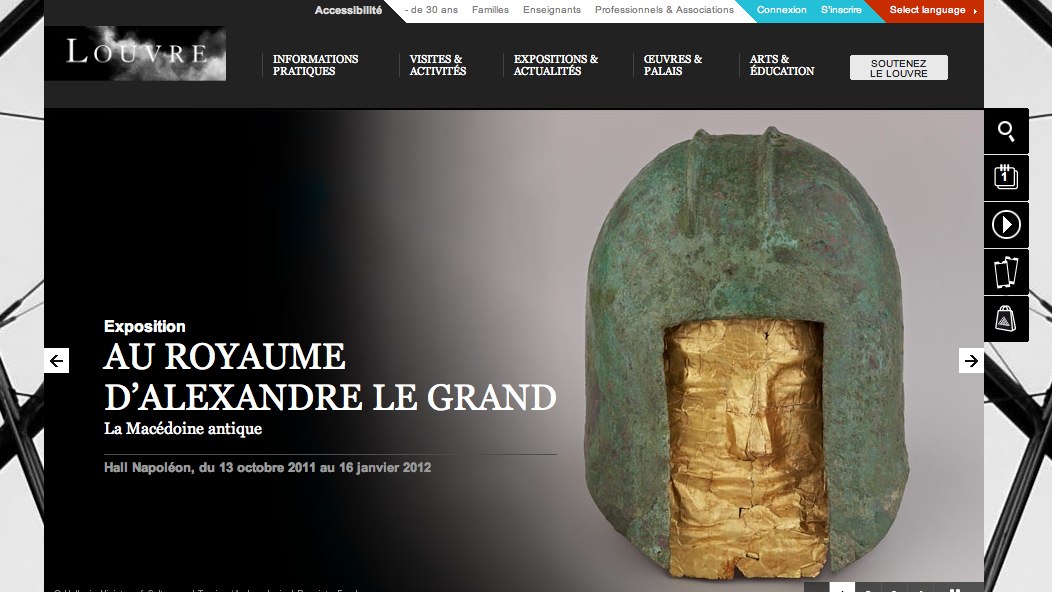 Exhibition page for "Au Royaume d'Alexandre le Grand" at the Louvre, featuring an ancient Macedonian helmet with a gold mask.