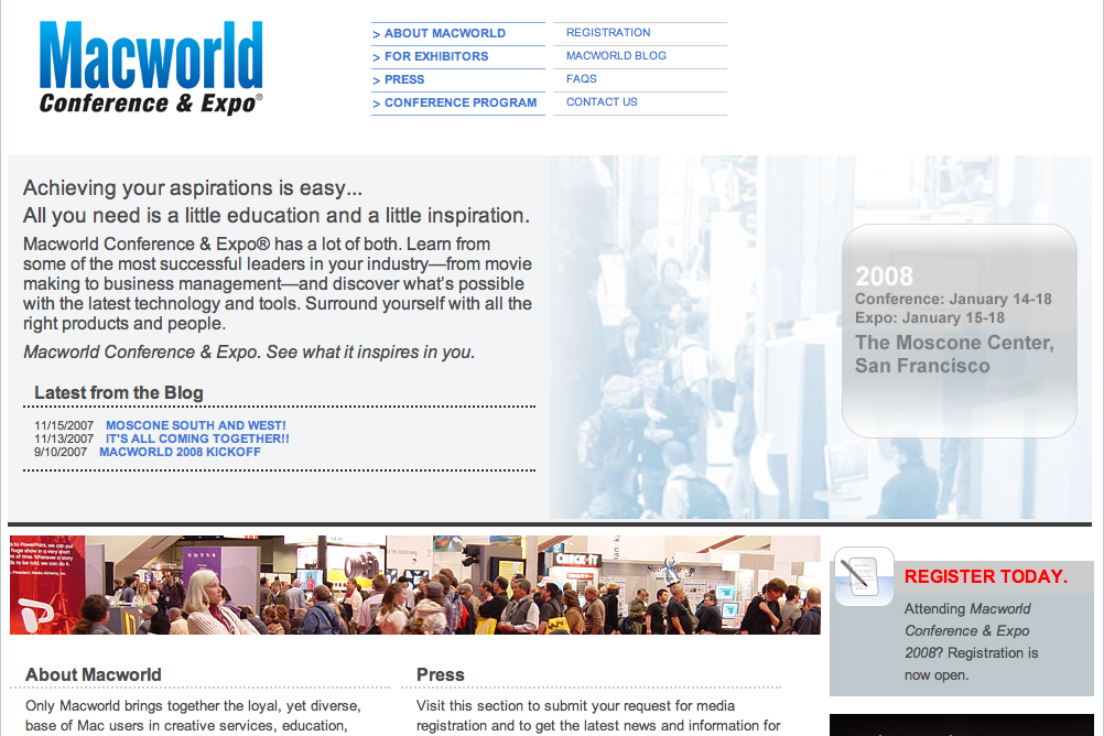 Macworld Conference &amp; Expo 2008 website with event details, blog updates, and registration information for attendees.