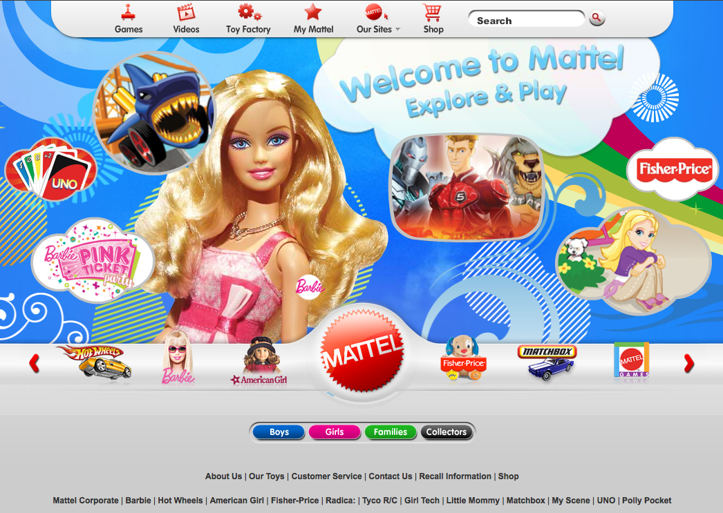 Homepage of Mattel's website featuring Barbie, Hot Wheels, Fisher-Price, and other toy brands with a colorful design.