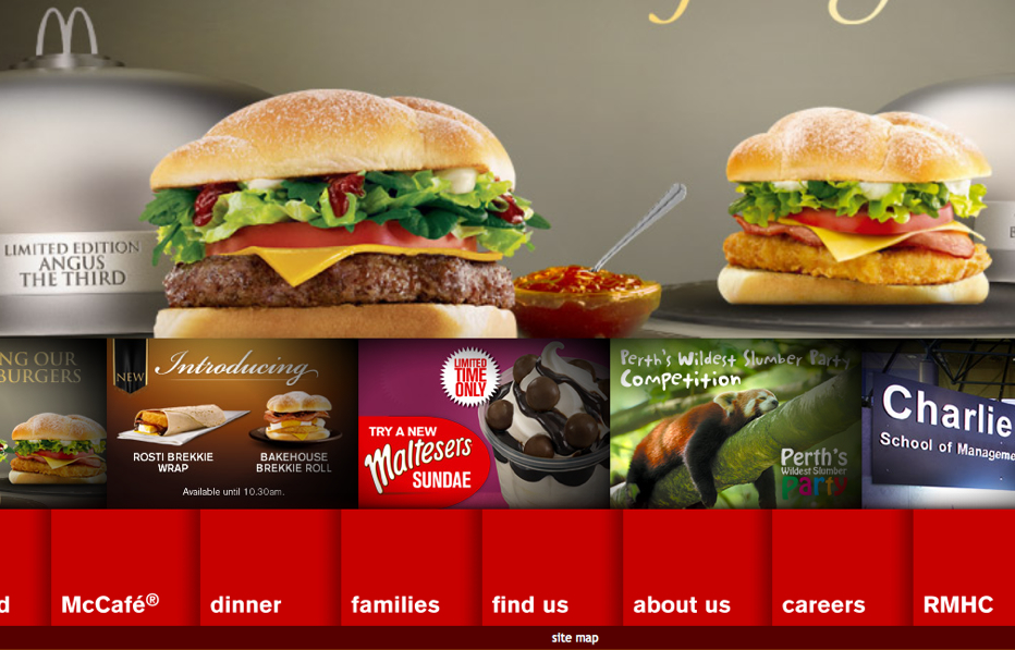 McDonald's Australia website featuring promotional images of Angus beef and chicken burgers, breakfast wraps, and a Maltesers sundae.
