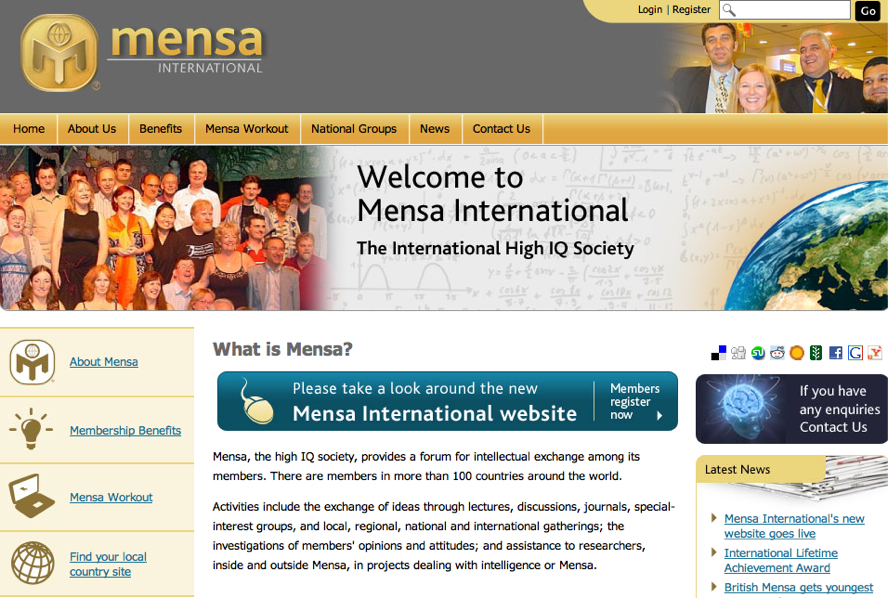 Screenshot of the Mensa International website, featuring a welcome message, navigation menu, and information about the high IQ society.
