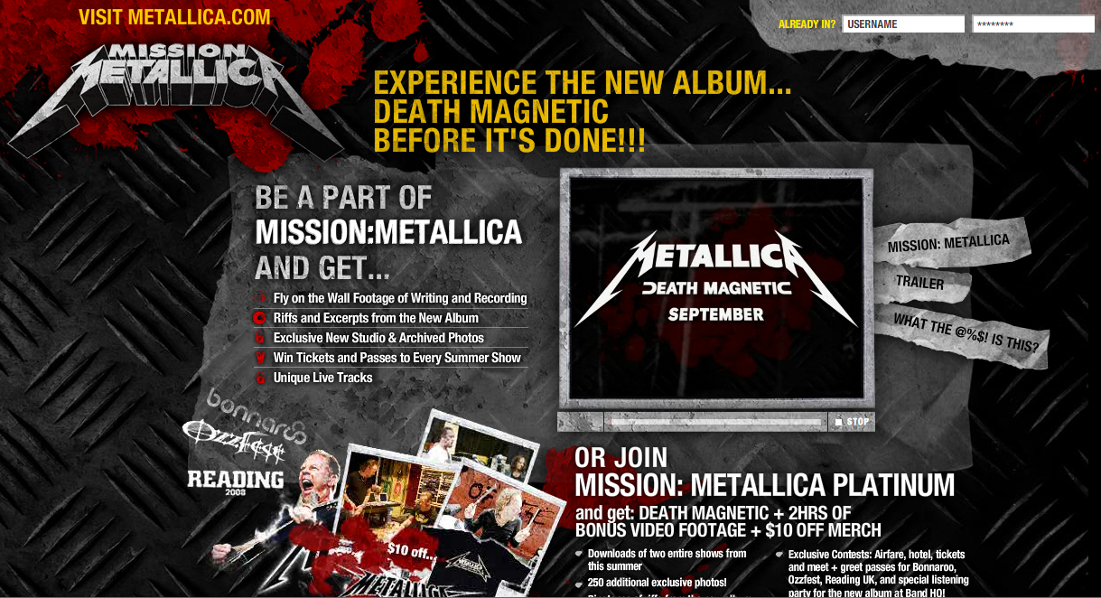 Promotional webpage for Metallica's album *Death Magnetic*, offering exclusive content, live footage, and membership benefits for fans.