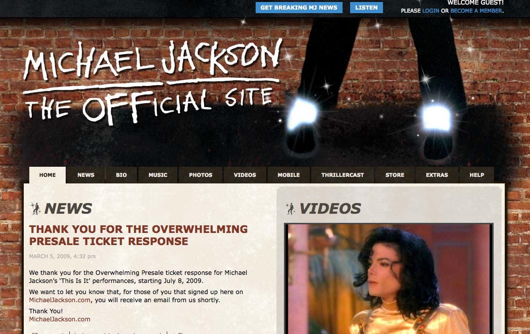 Screenshot of Michael Jackson's official website, featuring news about presale tickets and a video thumbnail of Michael Jackson.