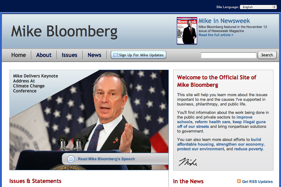 Screenshot of a website featuring Mike Bloomberg, with a speech announcement and information about his political initiatives.