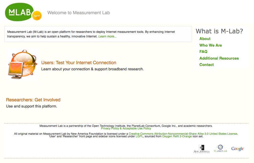 A webpage for Measurement Lab (M-Lab) offering internet connection tests and research opportunities for users and researchers.