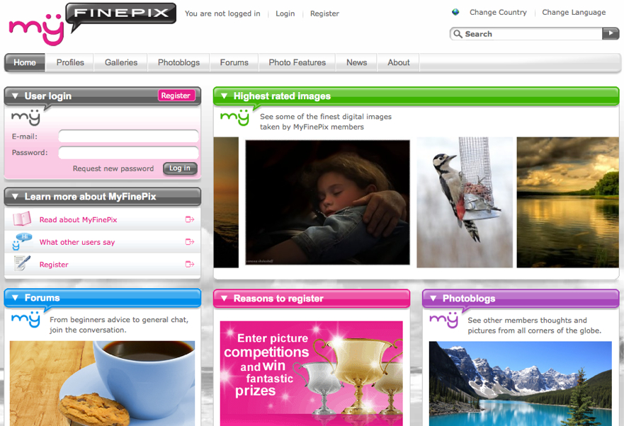 A webpage from MyFinePix featuring user login, forums, photo contests, and highest-rated images, including nature and portrait photography.