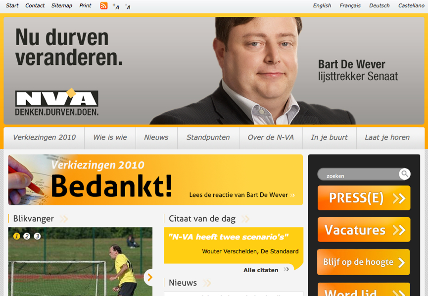 A political campaign webpage featuring Bart De Wever and the N-VA party, thanking voters for the 2010 elections.
