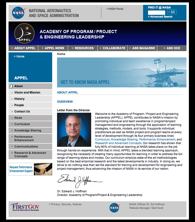 NASA webpage for the Academy of Program/Project &amp; Engineering Leadership, featuring a director's letter and navigation menu.