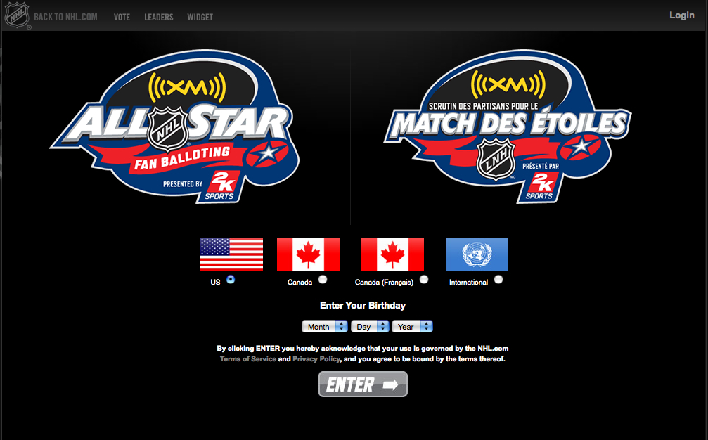 NHL All-Star fan voting page with language and region selection, birthday entry field, and an "Enter" button.