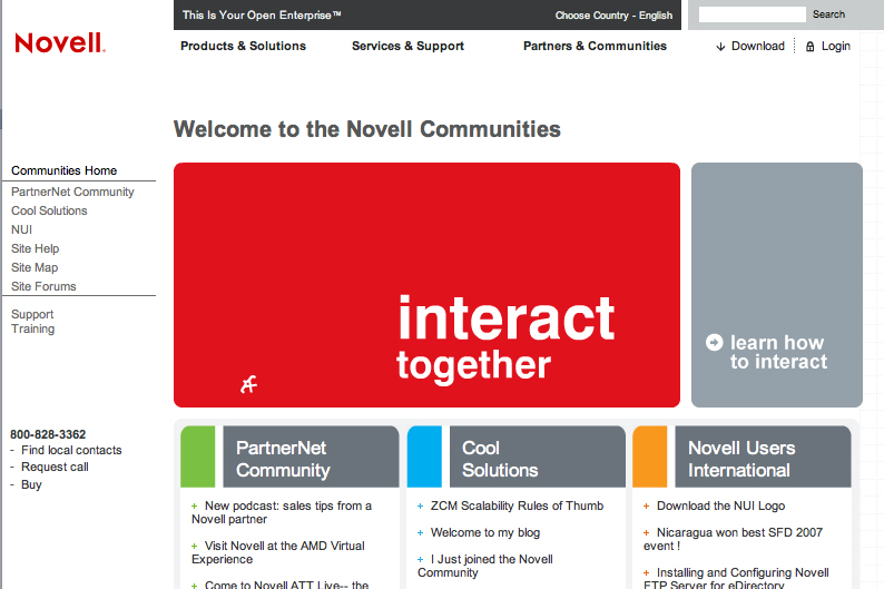 Novell Communities webpage with a red banner saying "interact together" and sections for community resources, support, and solutions.