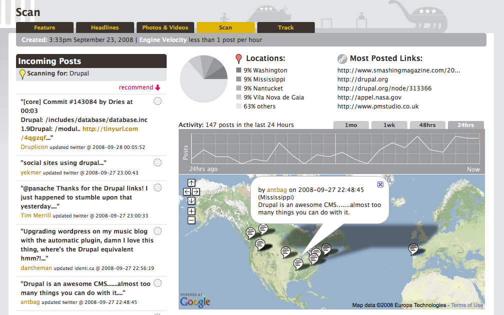A webpage shows a real-time scan of Drupal-related posts, displaying locations, links, and recent activity on a world map.
