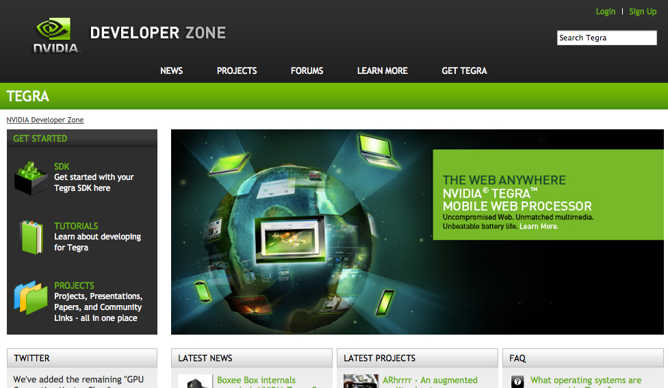 NVIDIA Tegra Developer Zone webpage highlighting mobile web processor features, development resources, and project links for developers.