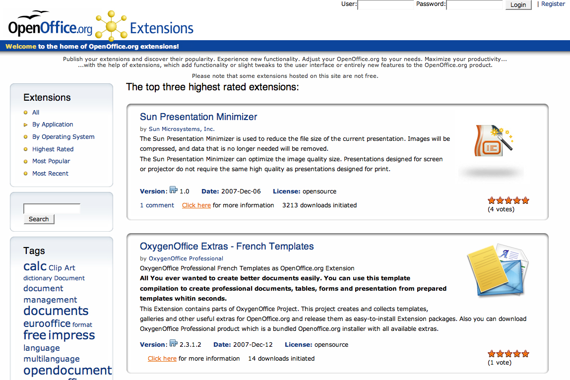 A webpage displaying OpenOffice extensions, including "Sun Presentation Minimizer" and "OxygenOffice Extras - French Templates", with descriptions and ratings.