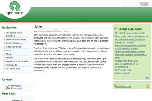 A webpage about open-source software with navigation links, a blog section, and an explanation of the Open Source Initiative.