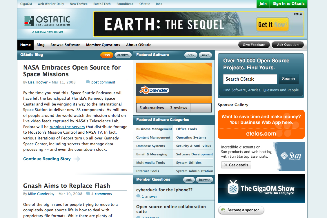 A webpage from OStatic featuring articles on open-source software, including NASA's use of Fedora for space missions.