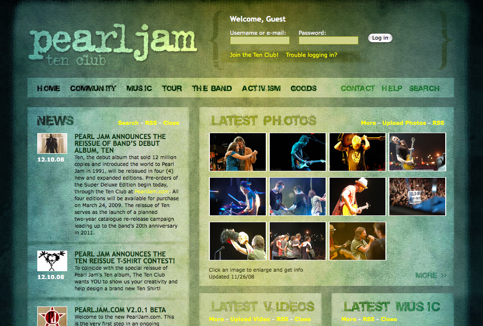 A Pearl Jam fan website homepage featuring news, photos, videos, and music updates about the band.