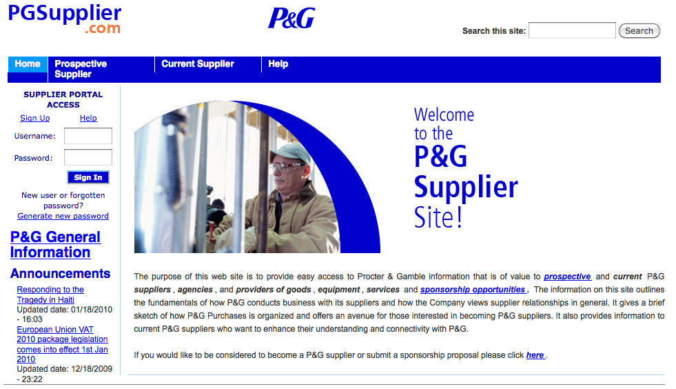 A Procter &amp; Gamble supplier portal webpage with login access, supplier information, and announcements for prospective and current suppliers.