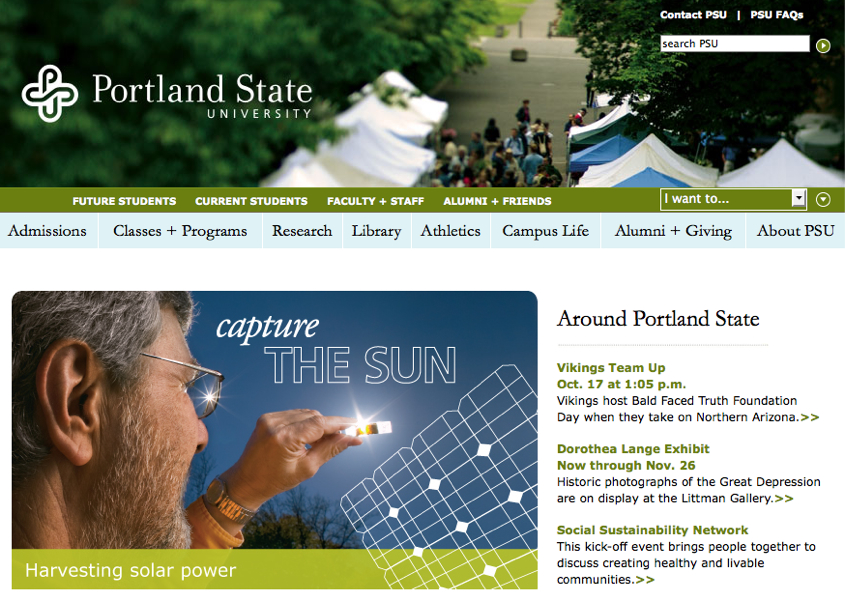 Portland State University website homepage featuring a banner about solar power and a campus event listing.