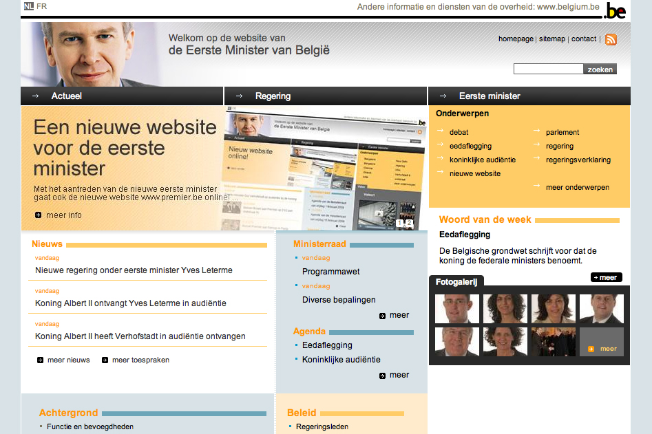 Screenshot of the Belgian Prime Minister's website announcing a new design and updates about the government and ministers.