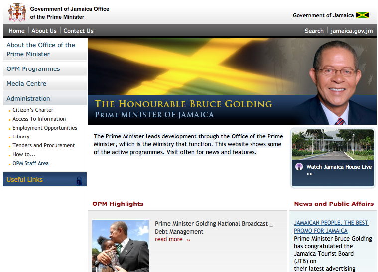 Website of the Jamaican Prime Minister's Office featuring Bruce Golding's photo, government programs, and news updates.