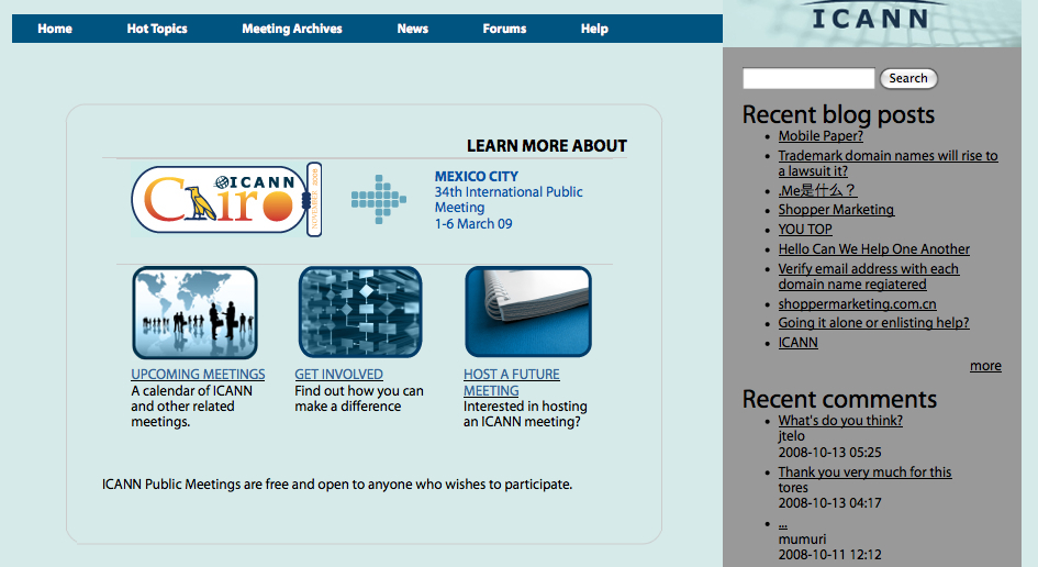 ICANN webpage displaying information about public meetings, involvement opportunities, and a blog with recent posts and comments.