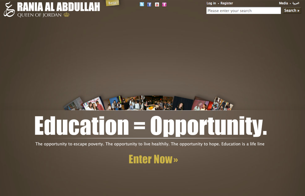 Website homepage featuring Queen Rania of Jordan with a message promoting education as a pathway to opportunity.