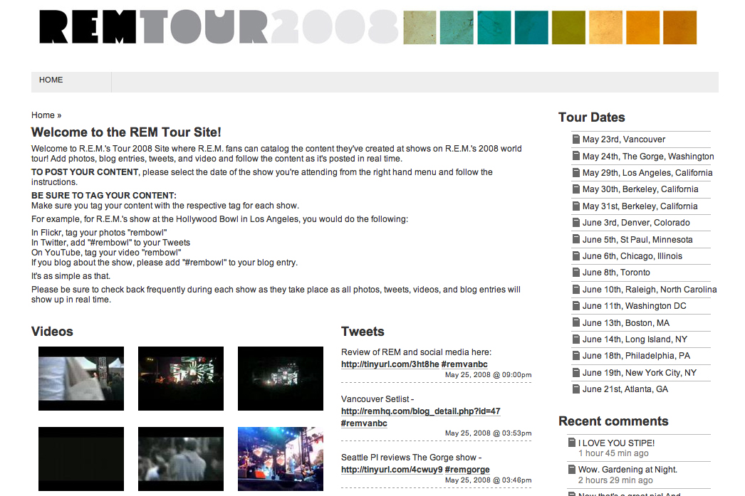 Screenshot of the REM Tour 2008 website displaying tour dates, fan content instructions, videos, tweets, and recent comments.