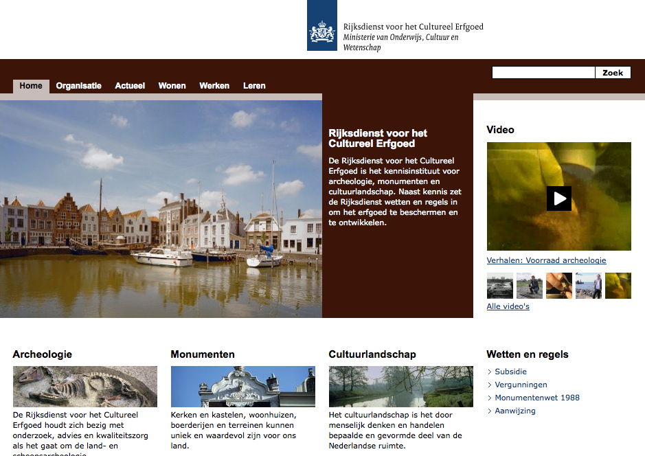 Homepage of Rijksdienst voor het Cultureel Erfgoed, featuring heritage information, a canal scene, and navigation links.